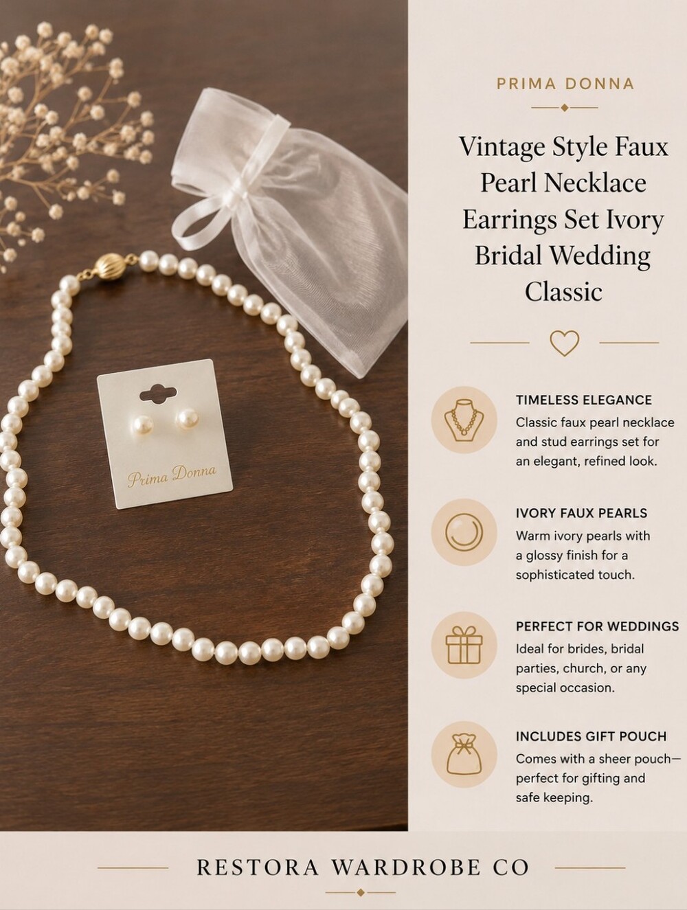 Vintage Style Faux Pearl Necklace Earrings Set Ivory Bridal Wedding Classic